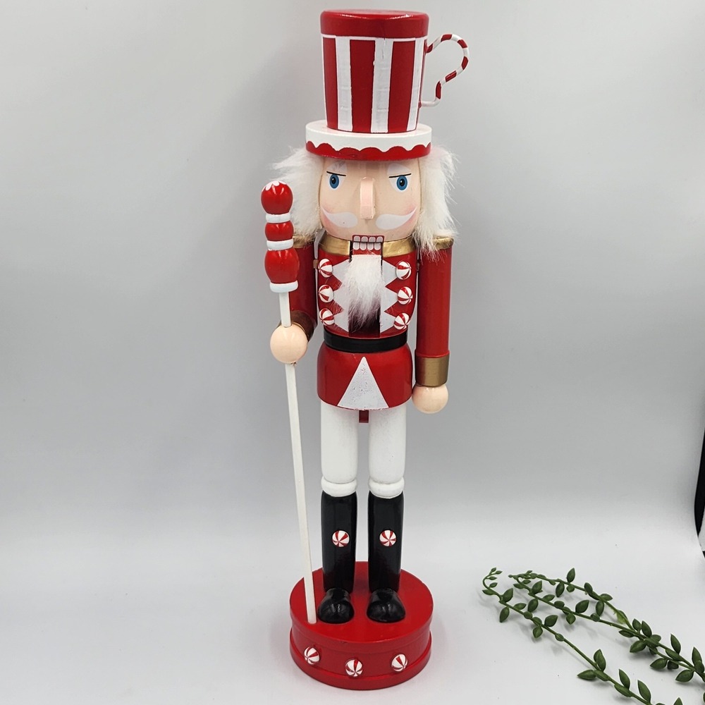 Red White Candy Cane Peppermint Mug Wood Nutcracker Holiday Decor 15" Christmas